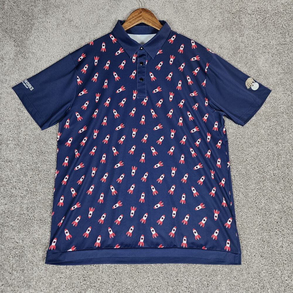 Chippopotamus Shirt Mens L Blue Golf Polo Rockets All Over Print Stretch Snap
